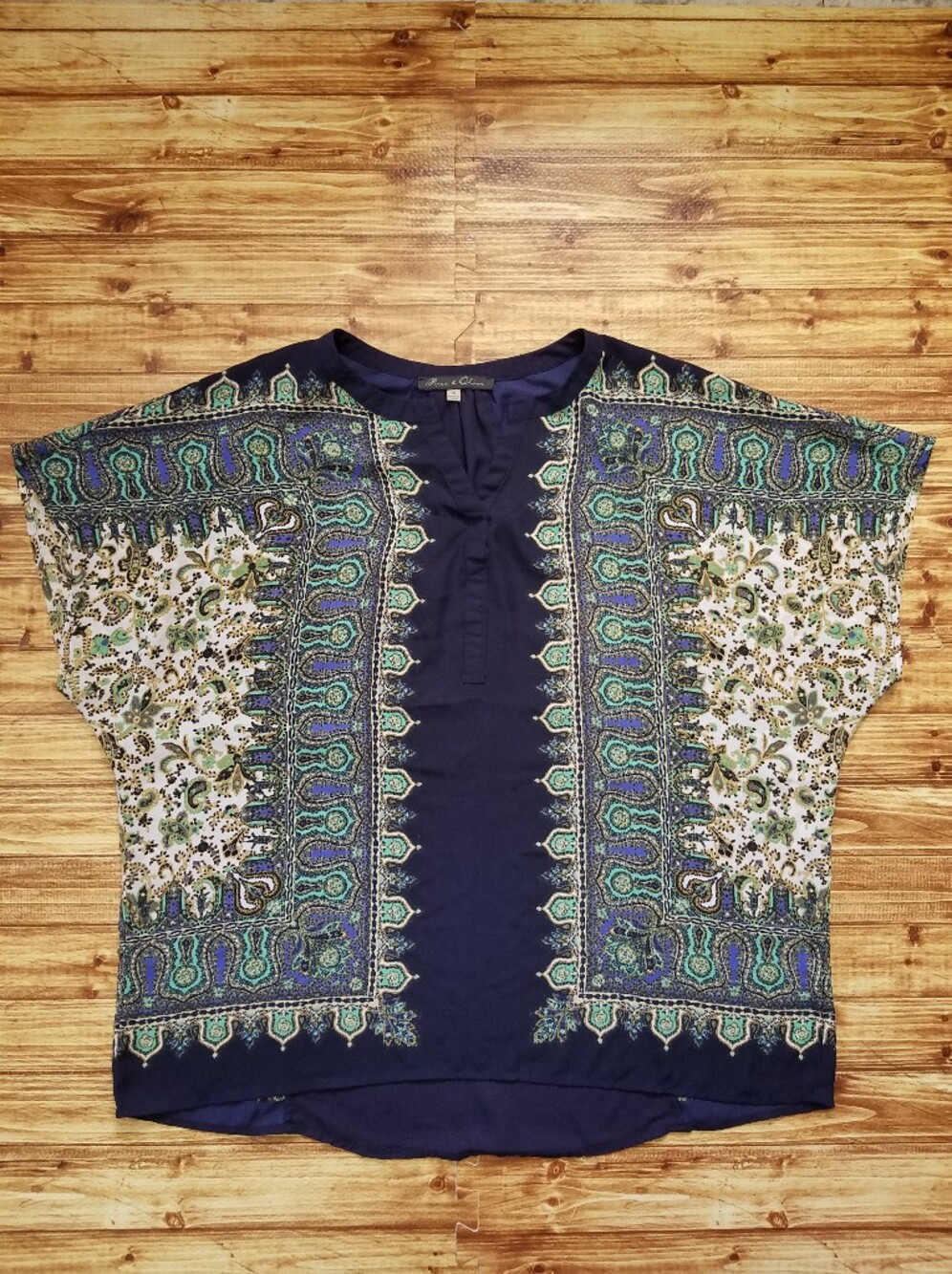 Rose & Olive Navy Blue & Green Paisley Tunic Top Blouse Plus Size 1X Women Boho